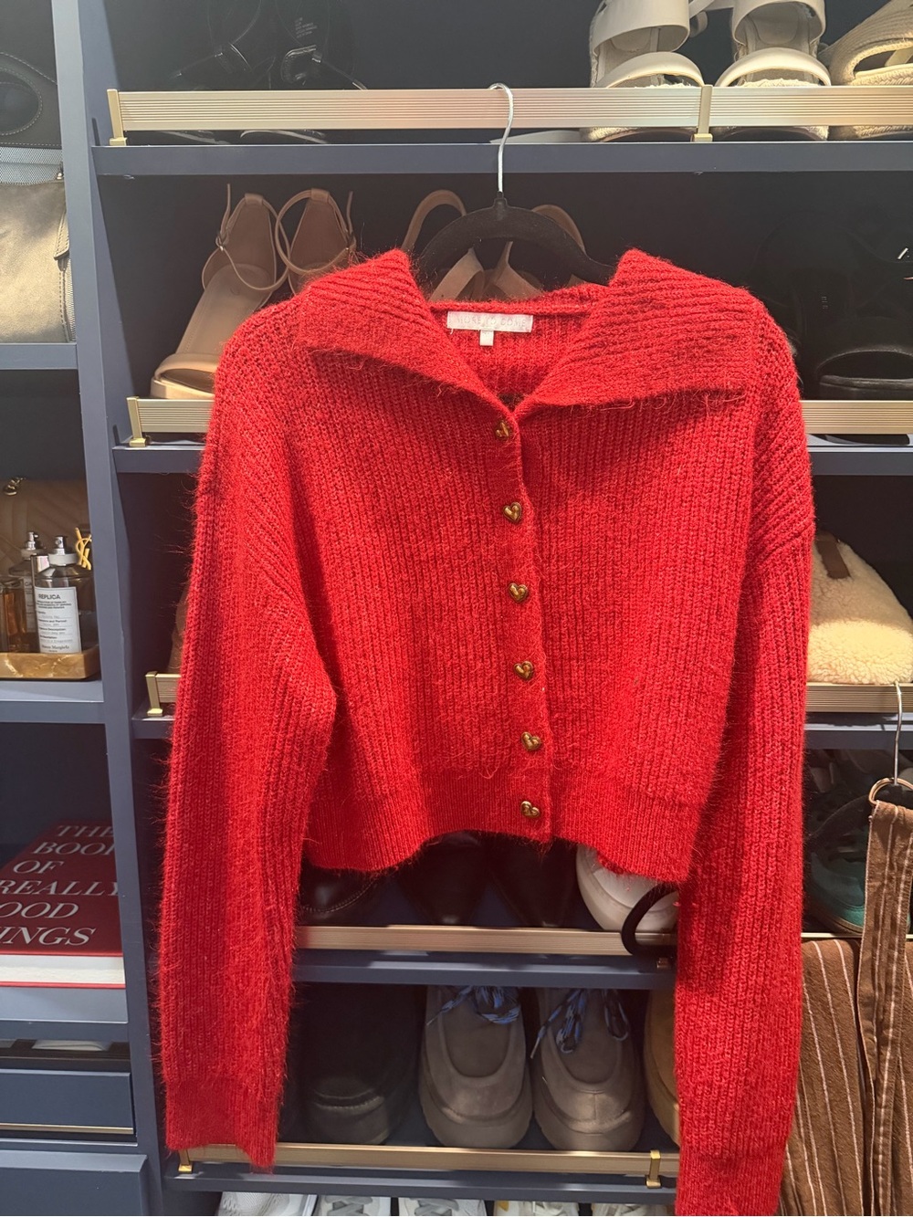 Cropped Red Button-Front Knit Cardigan